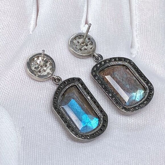 Adornia Fine Black Rhodium Sterling Silver Labradorite Diamond Drop Earrings - Picture 10 of 15